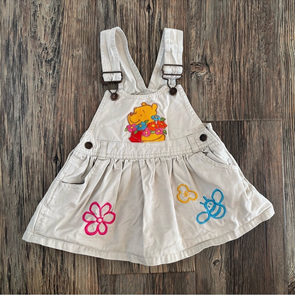 Y2K Disney Pooh 100 Acre Collection Khaki Overall Dress Girls 3T Flowers Bee